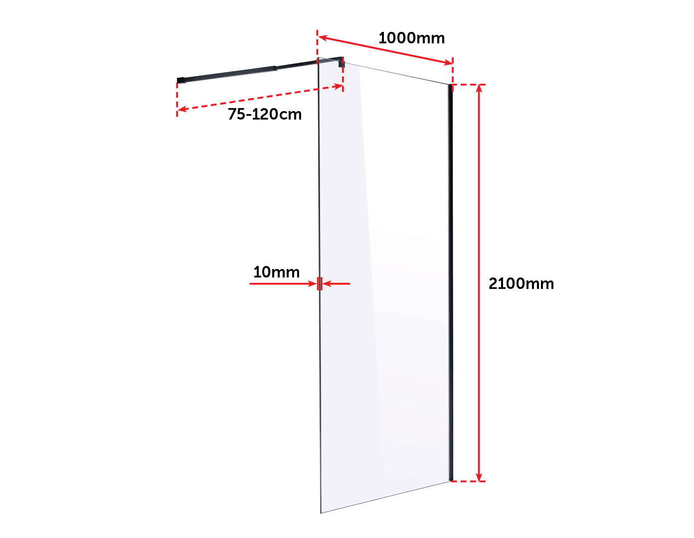 1000 x 2100mm Frameless 10mm Safety Glass Shower Screen