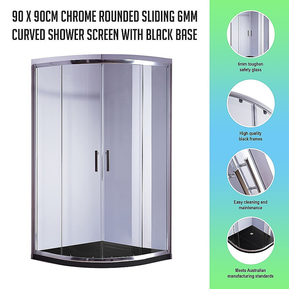 90 x 90cm Chrome Rounded Sliding 6mm Curved Shower Screen with Black Base