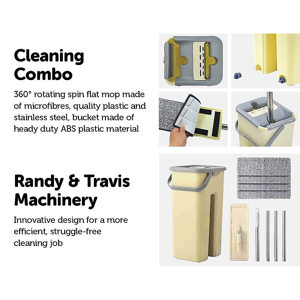 4 x Microfiber Pads Flat Mop Bucket Kit 360 Rotating Self Wash Cleaning