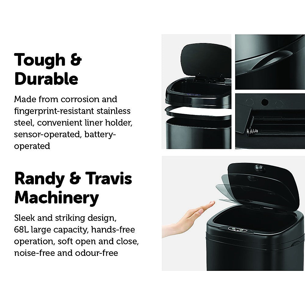 68L Motion Sensor Bin Automatic Stainless Steel Kitchen Rubbish Trash - Black