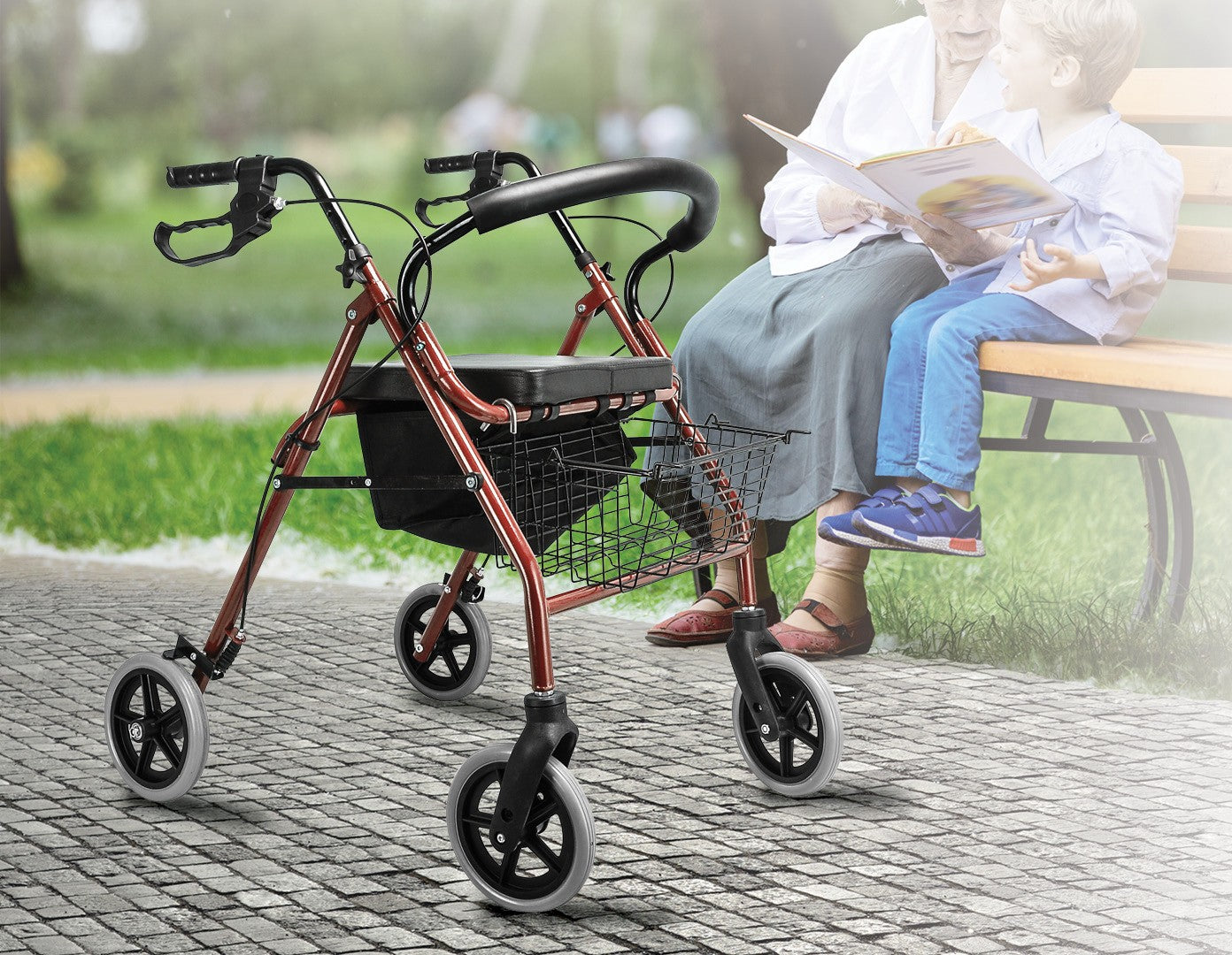 Rollator Walker Walking Frame With Wheels Zimmer Mobility Aids Seat Red