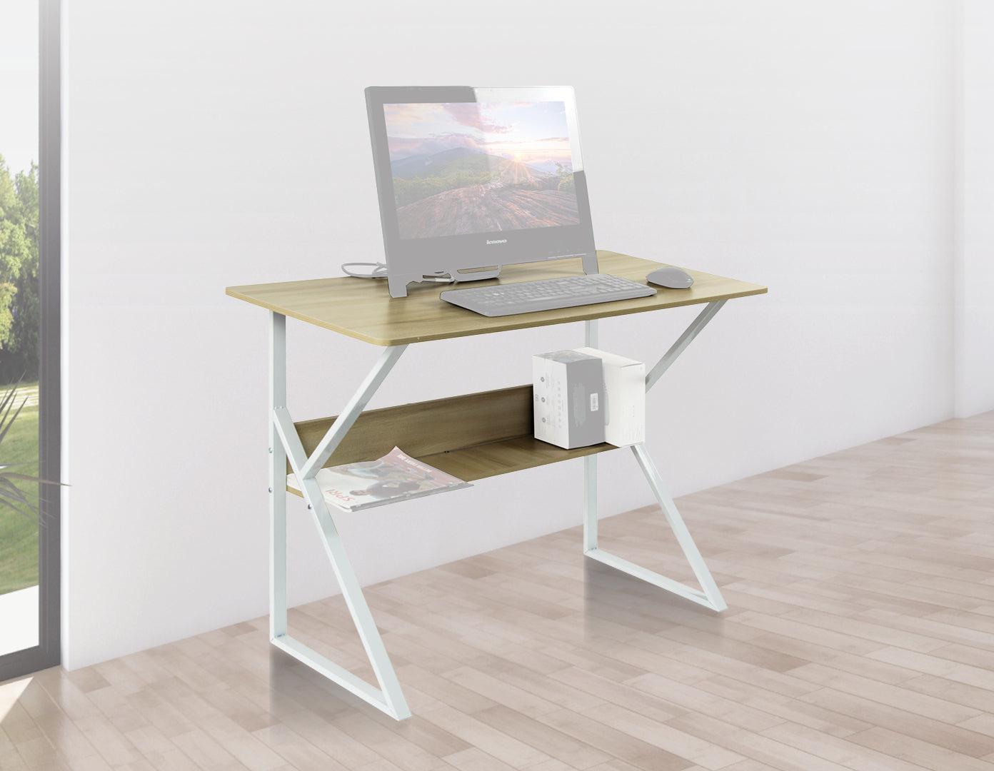 Wood & Metal Computer Desk with Shelf Home Office Furniture