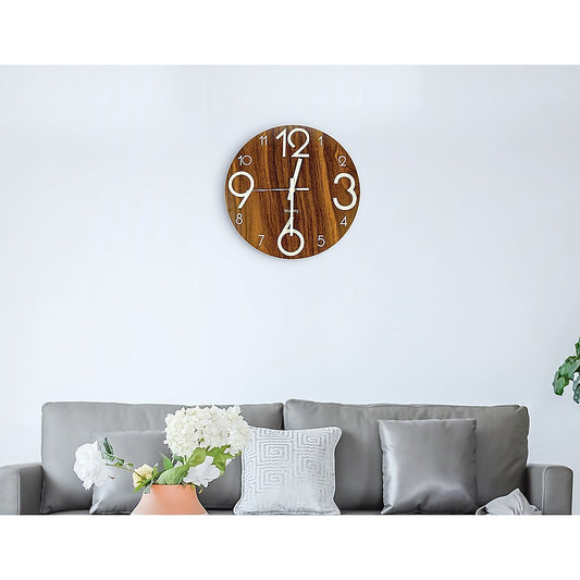 Glow In Dark Wall Clock Luminous Quartz Wooden Non Ticking Home Decor 12'' 30cm