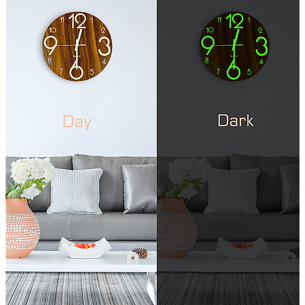 Glow In Dark Wall Clock Luminous Quartz Wooden Non Ticking Home Decor 12'' 30cm