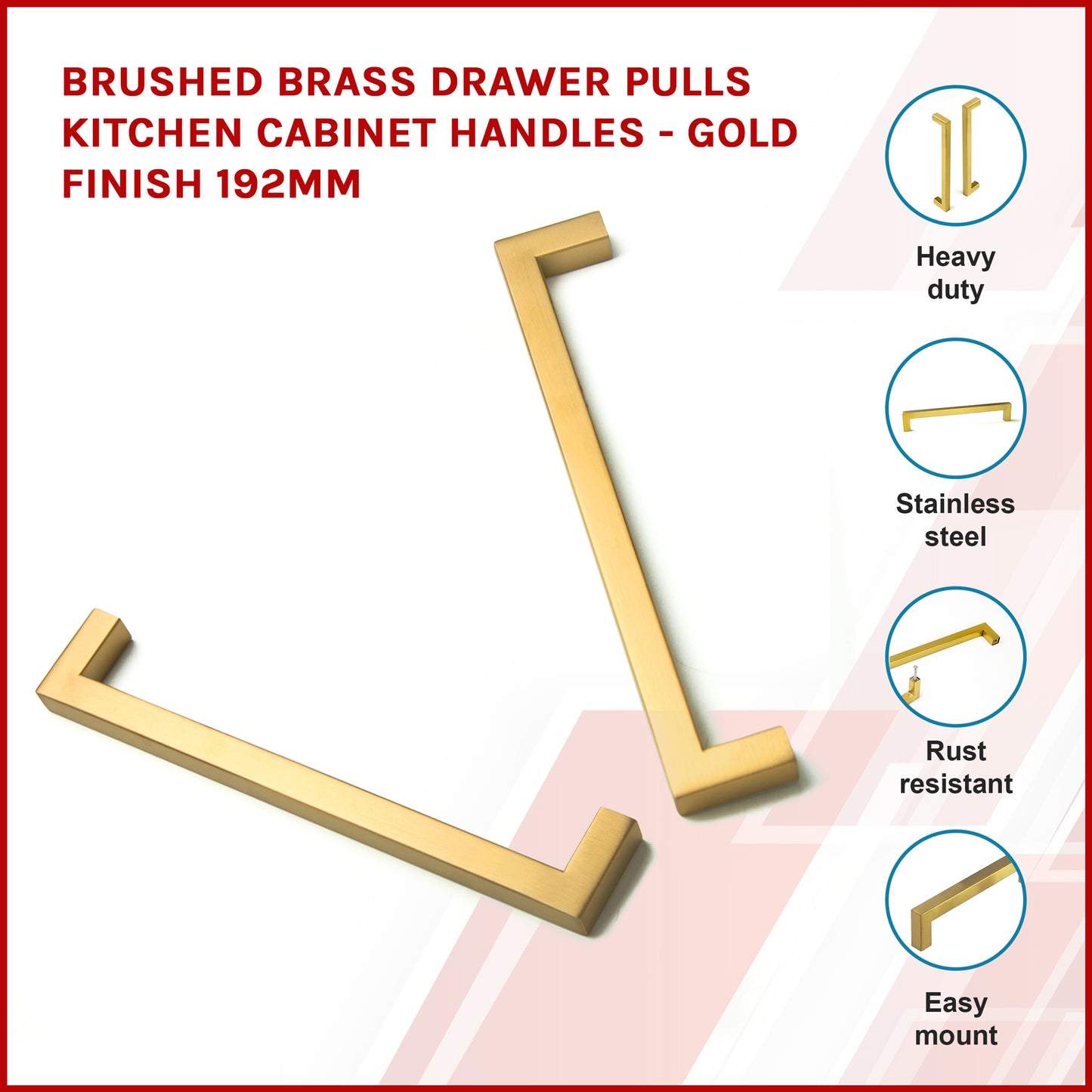Brushed Brass Drawer Pulls Kitchen Cabinet Handles - Gold Finish 192mm