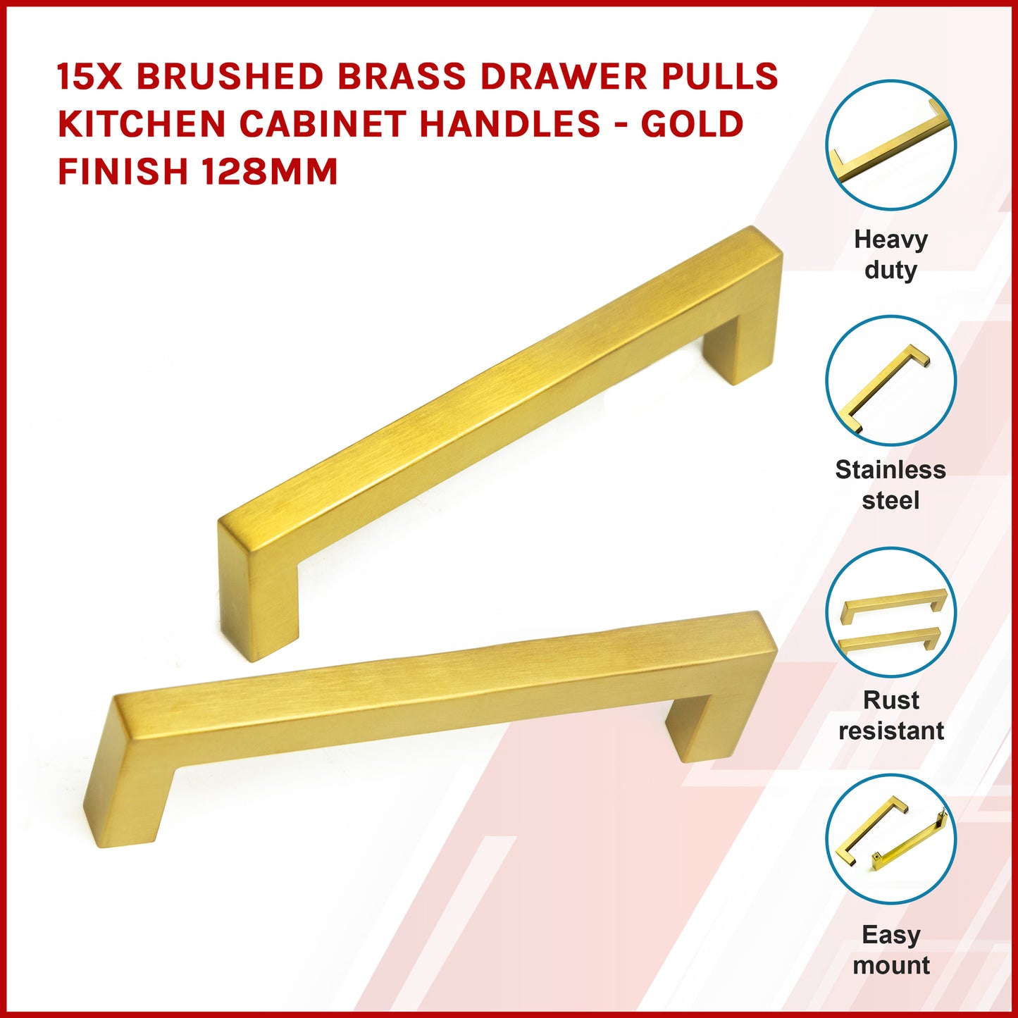 15 x Brushed Brass Drawer Pulls Kitchen Cabinet Handles - Gold Finish 128mm