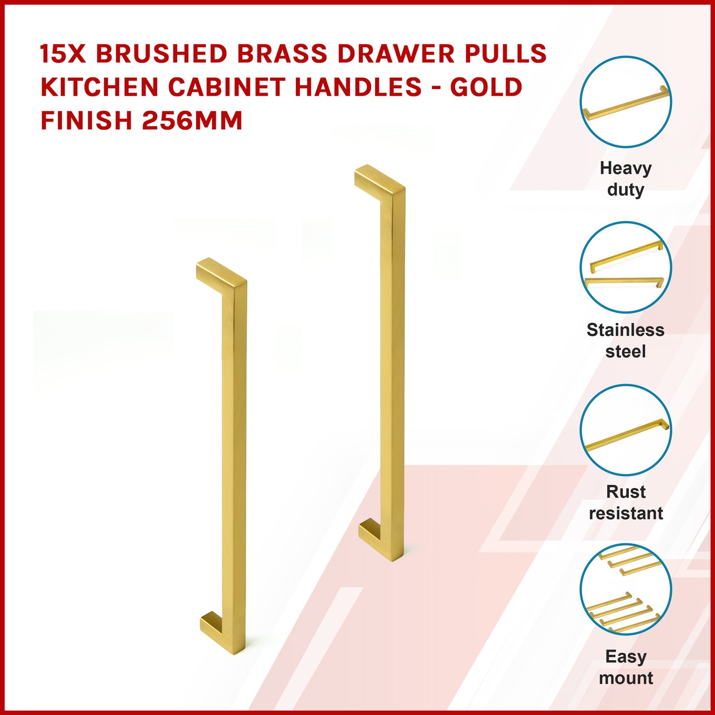15 x Brushed Brass Drawer Pulls Kitchen Cabinet Handles - Gold Finish 256mm
