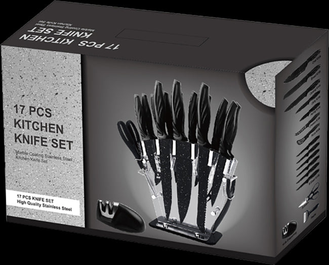 Kitchen 17 Pc Knife Set w/ Block & Sharpener Chef Bread Steak Knives