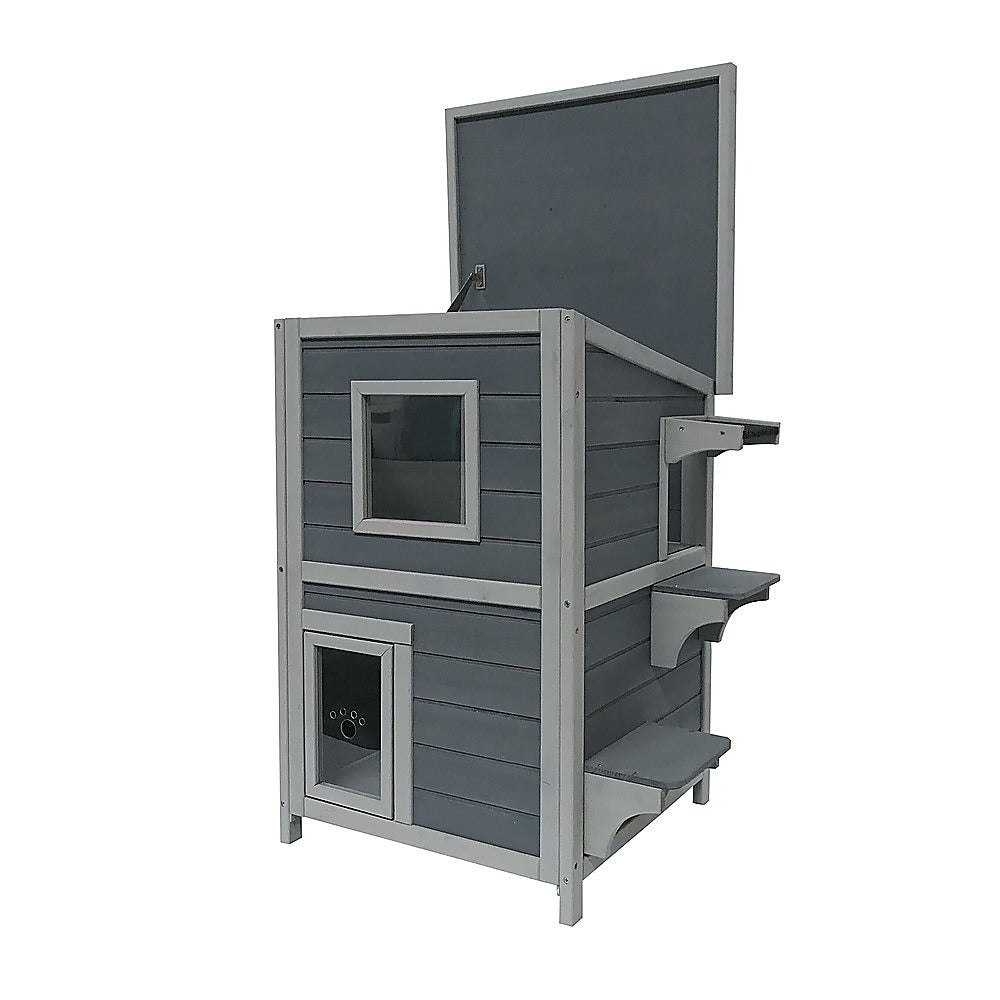 Cat House Weatherproof 2-Story Indoor Outdoor Wooden Shelter Bitumen Roof