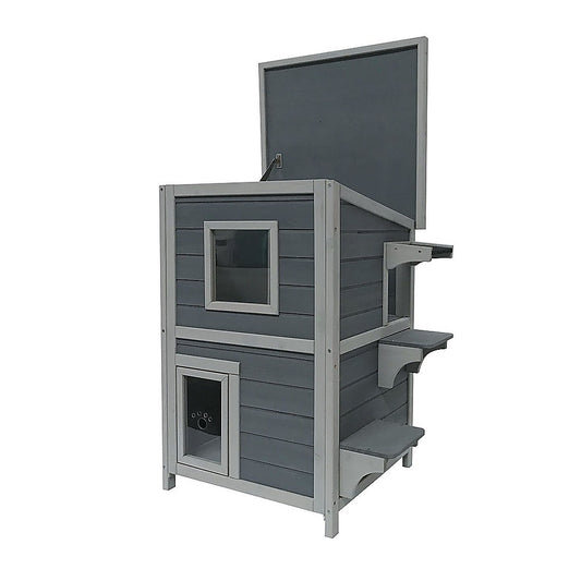 Cat House Weatherproof 2-Story Indoor Outdoor Wooden Shelter Bitumen Roof