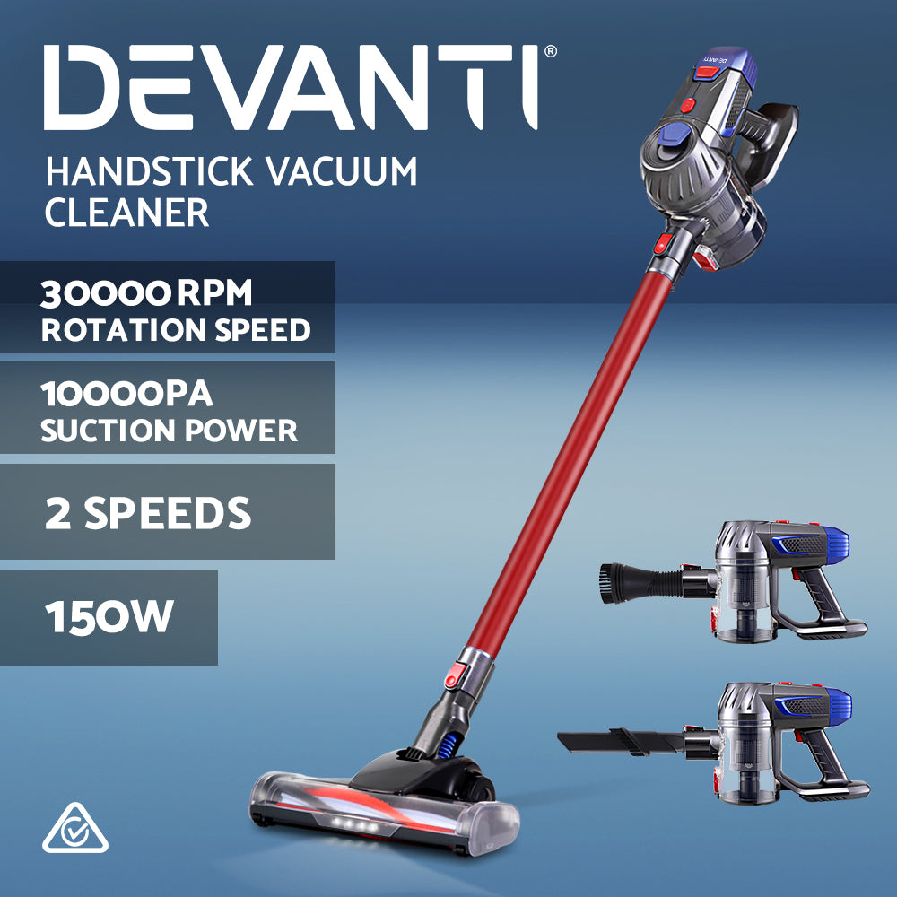 Devanti Handheld Vacuum Cleaner Cordless Stick Handstick Vac Bagless 2-Speed Headlight Red