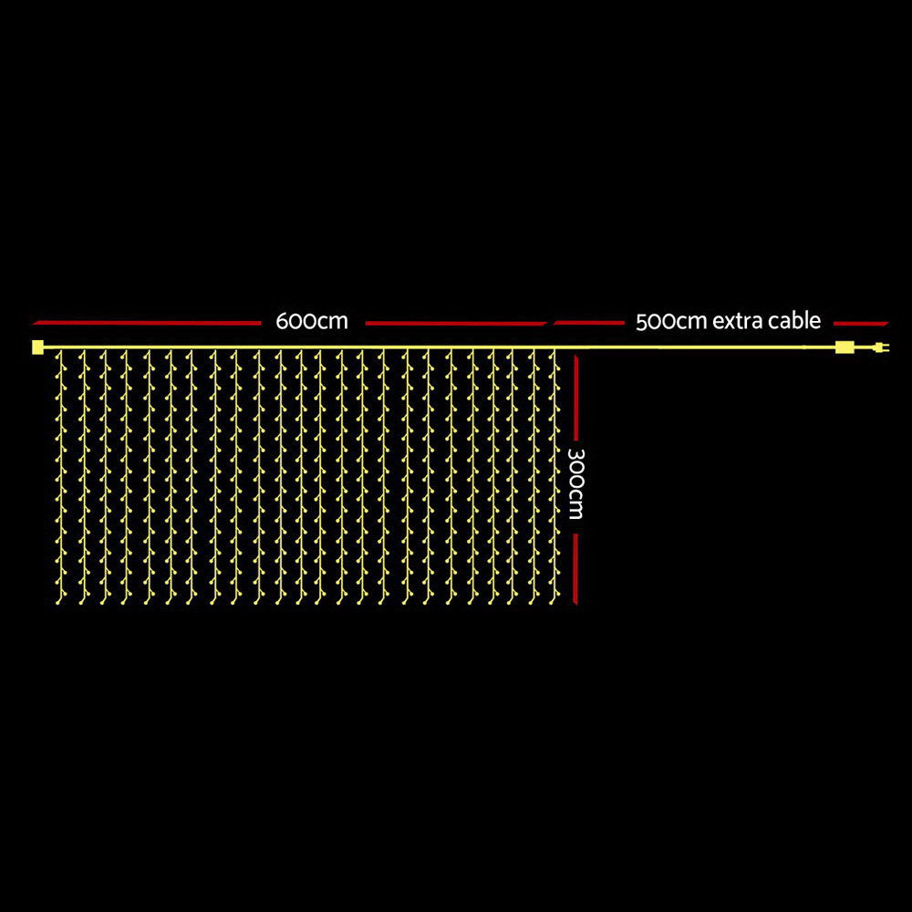Jingle Jollys 6X3M Christmas Curtain Lights 600LED Warm White