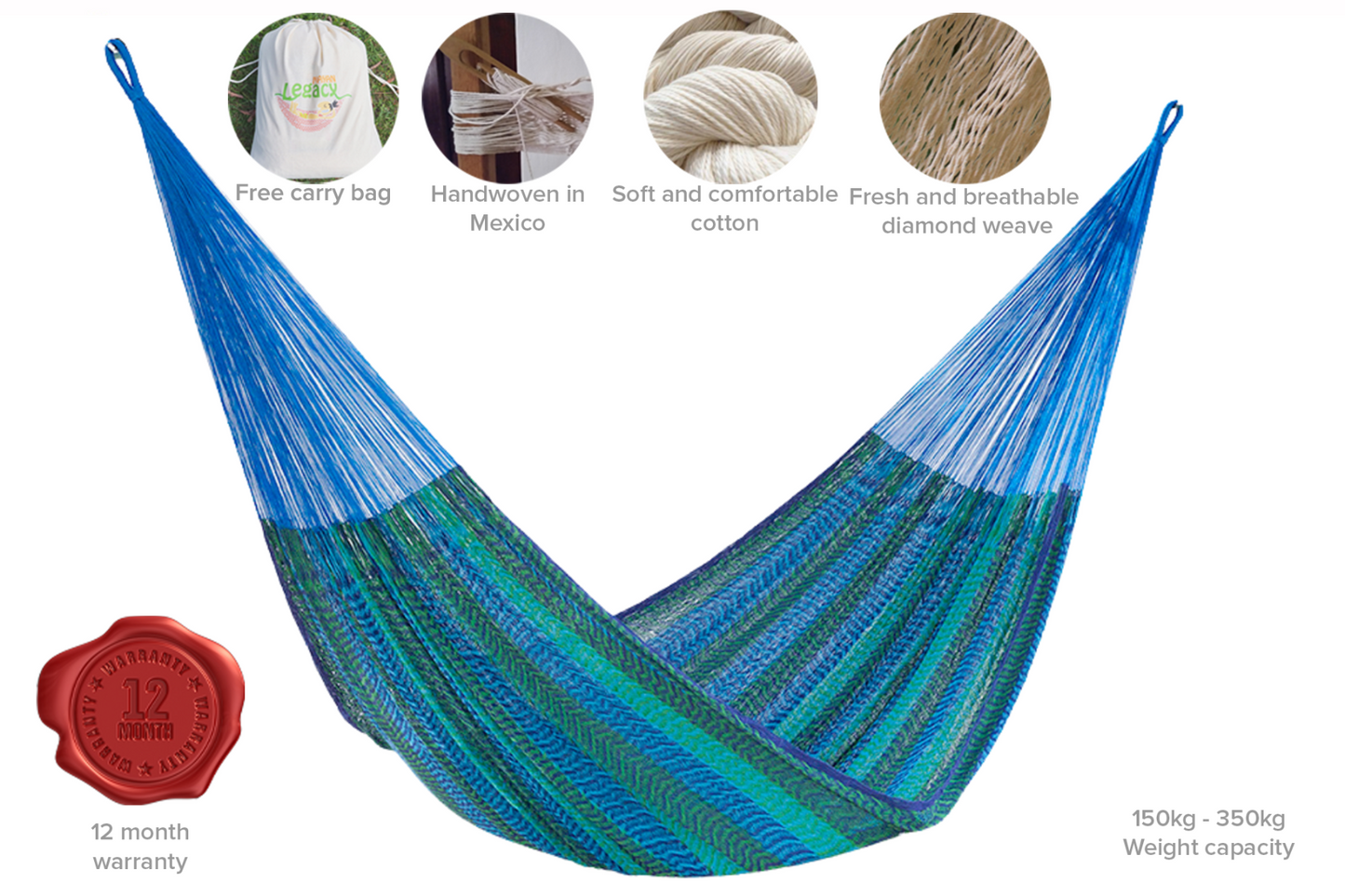 Mayan Legacy Single Size Cotton Mexican Hammock in Caribe Colour