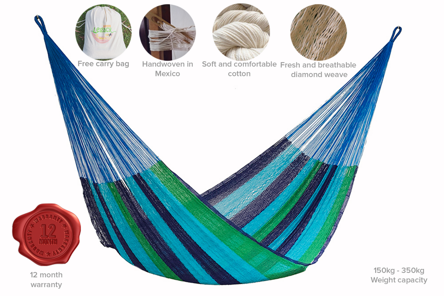 Mayan Legacy Single Size Cotton Mexican Hammock in Oceanica Colour