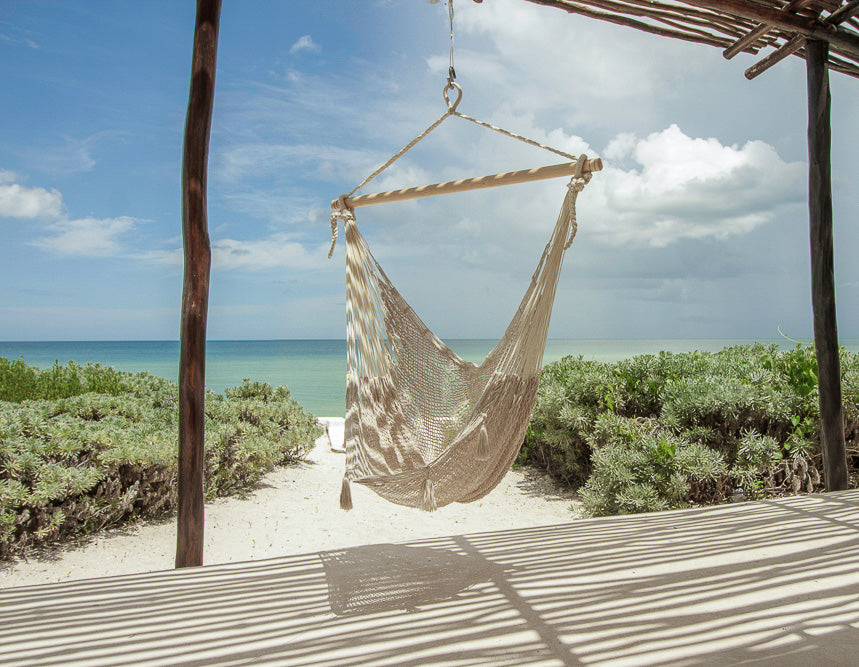 Mayan Legacy Extra Large Outdoor Cotton Mexican Hammock Chair in Cream Colour