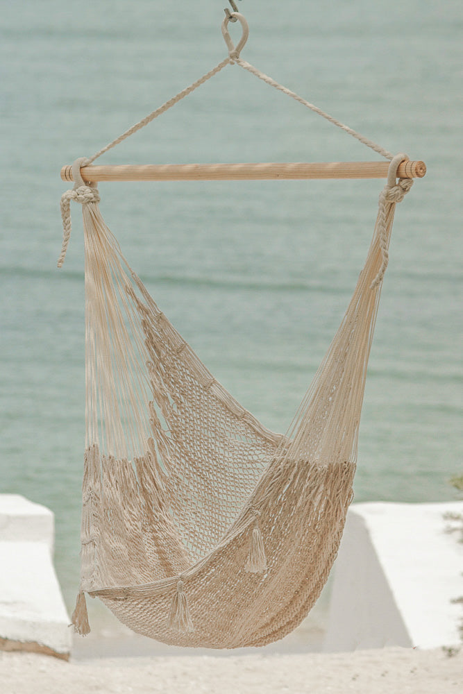 Mayan Legacy Extra Large Outdoor Cotton Mexican Hammock Chair in Cream Colour