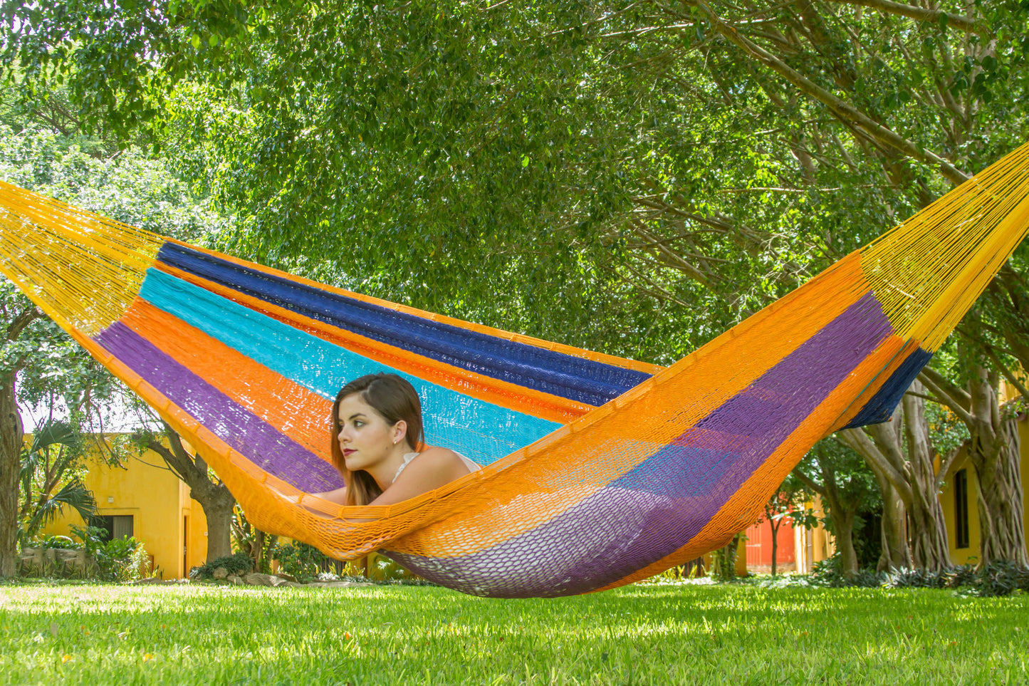 Mayan Legacy Queen Size Outdoor Cotton Mexican Hammock in Alegra Colour