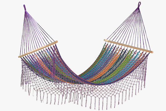 Mayan Legacy King Size Outdoor Cotton Mexican Resort Hammock With Fringe in Colorina Colour