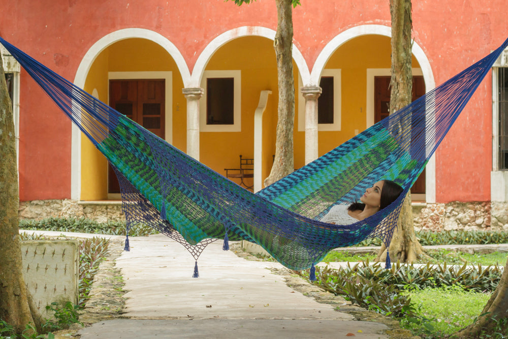 Mayan Legacy King Size Deluxe Outdoor Cotton Mexican Hammock in Caribe Colour