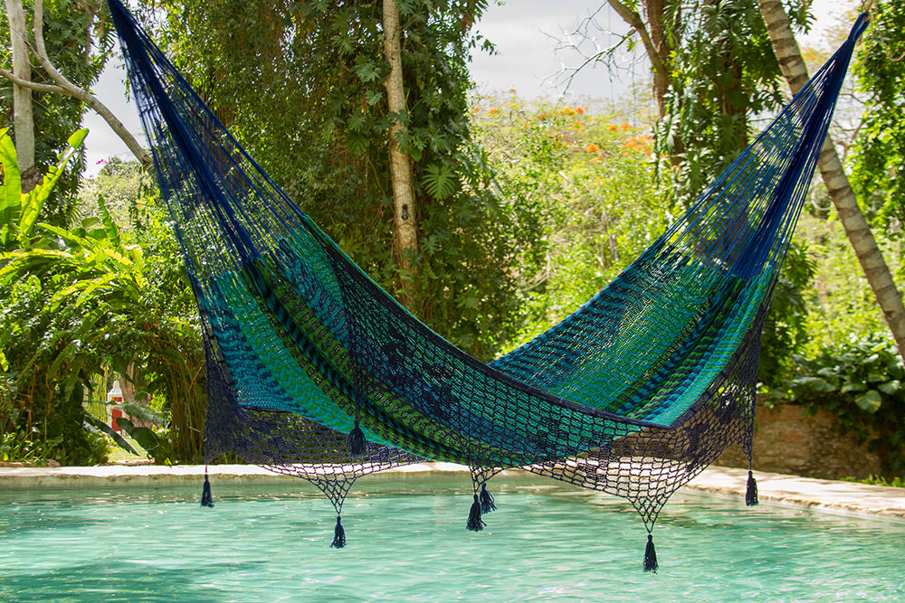 Mayan Legacy King Size Deluxe Outdoor Cotton Mexican Hammock in Caribe Colour