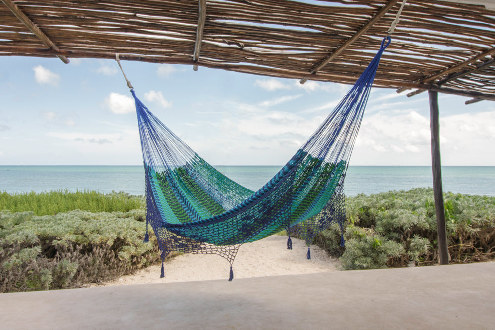 Mayan Legacy King Size Deluxe Outdoor Cotton Mexican Hammock in Caribe Colour