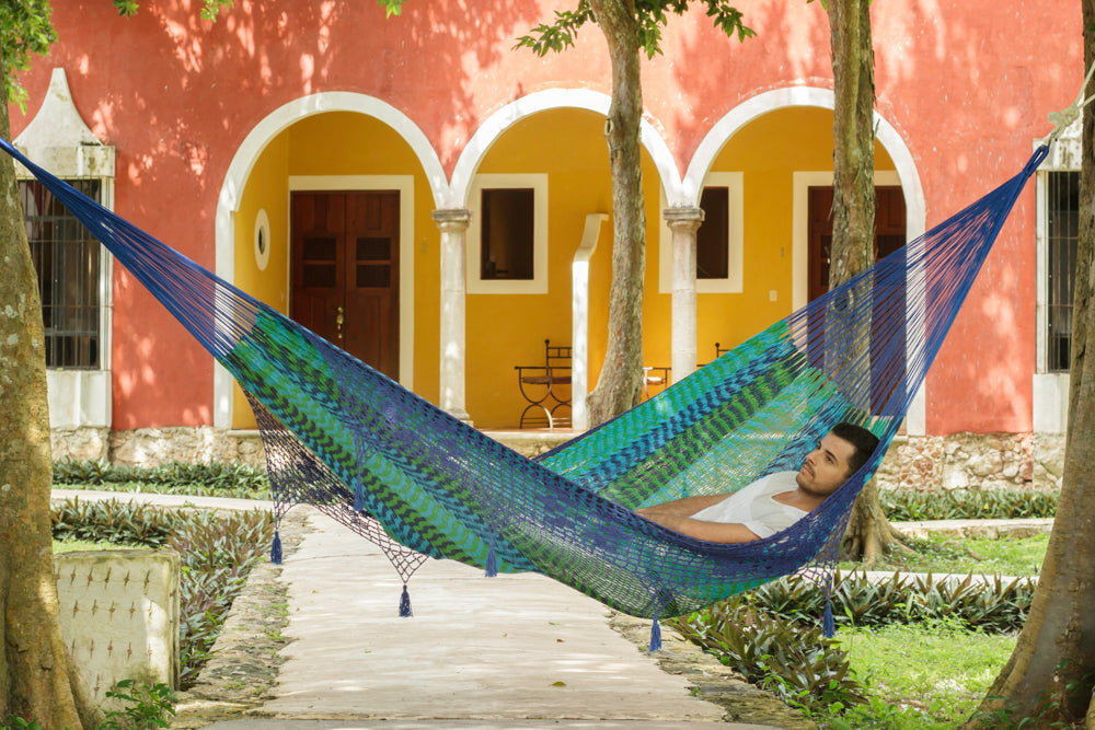 Mayan Legacy King Size Deluxe Outdoor Cotton Mexican Hammock in Caribe Colour