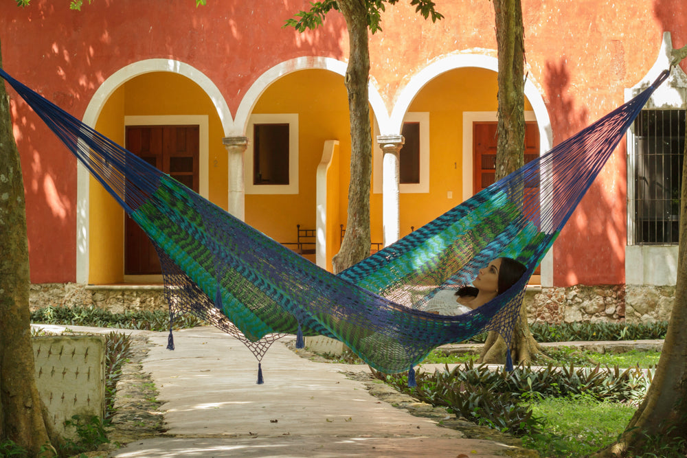 Mayan Legacy King Size Deluxe Outdoor Cotton Mexican Hammock in Caribe Colour