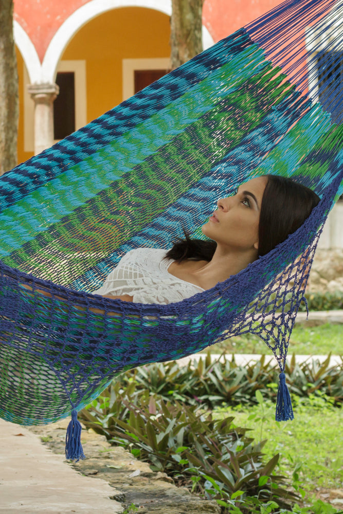 Mayan Legacy King Size Deluxe Outdoor Cotton Mexican Hammock in Caribe Colour